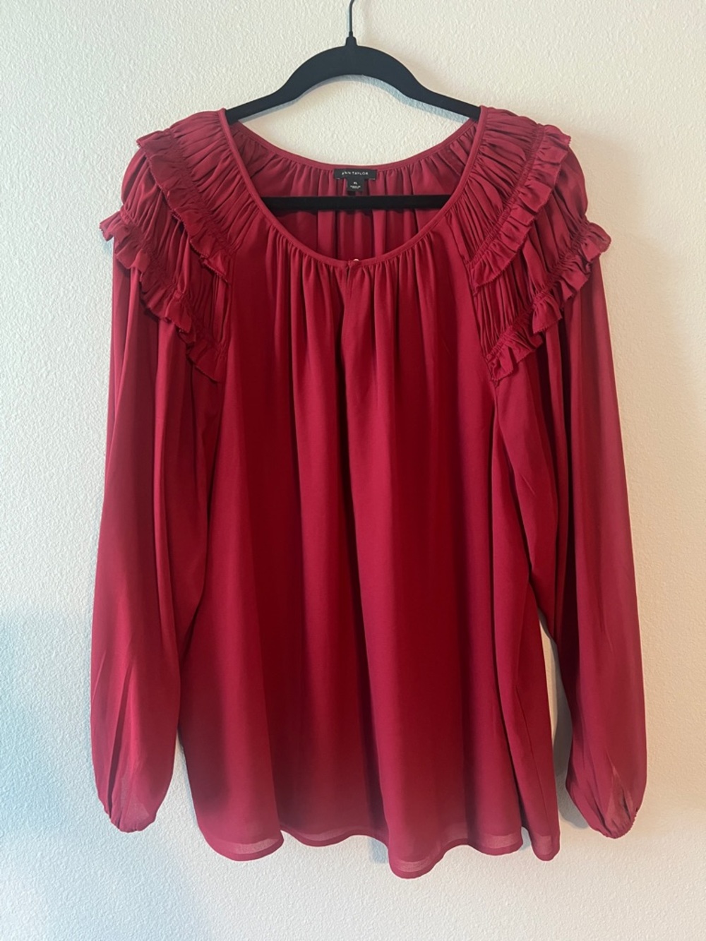 Ann Taylor Red Ruffled Yoke Long-Sleeve Blouse